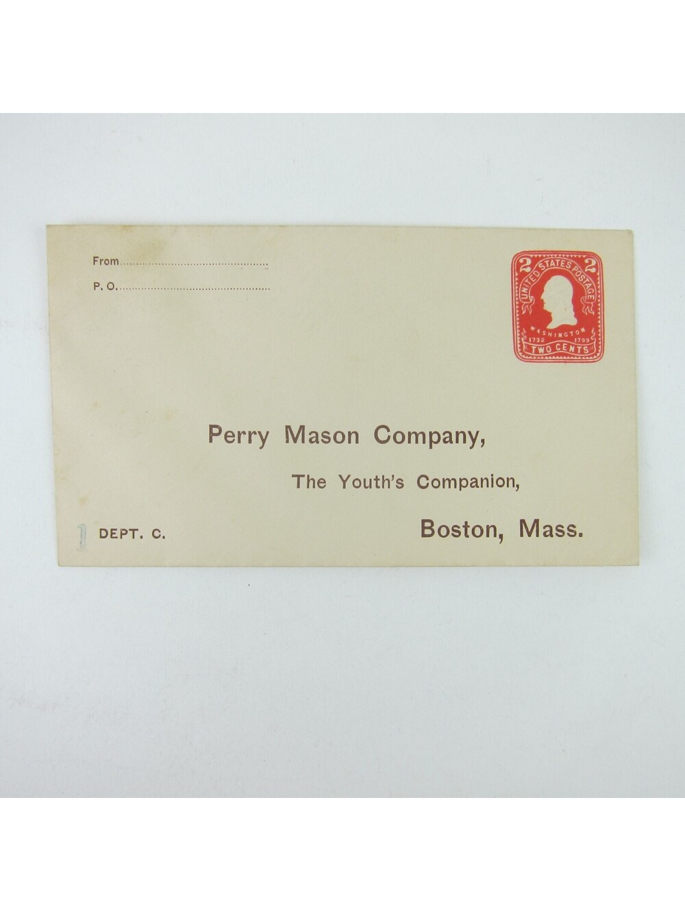 US Postal Stationery Perry Mason Company Youths Companion Boston 2 cent Antique